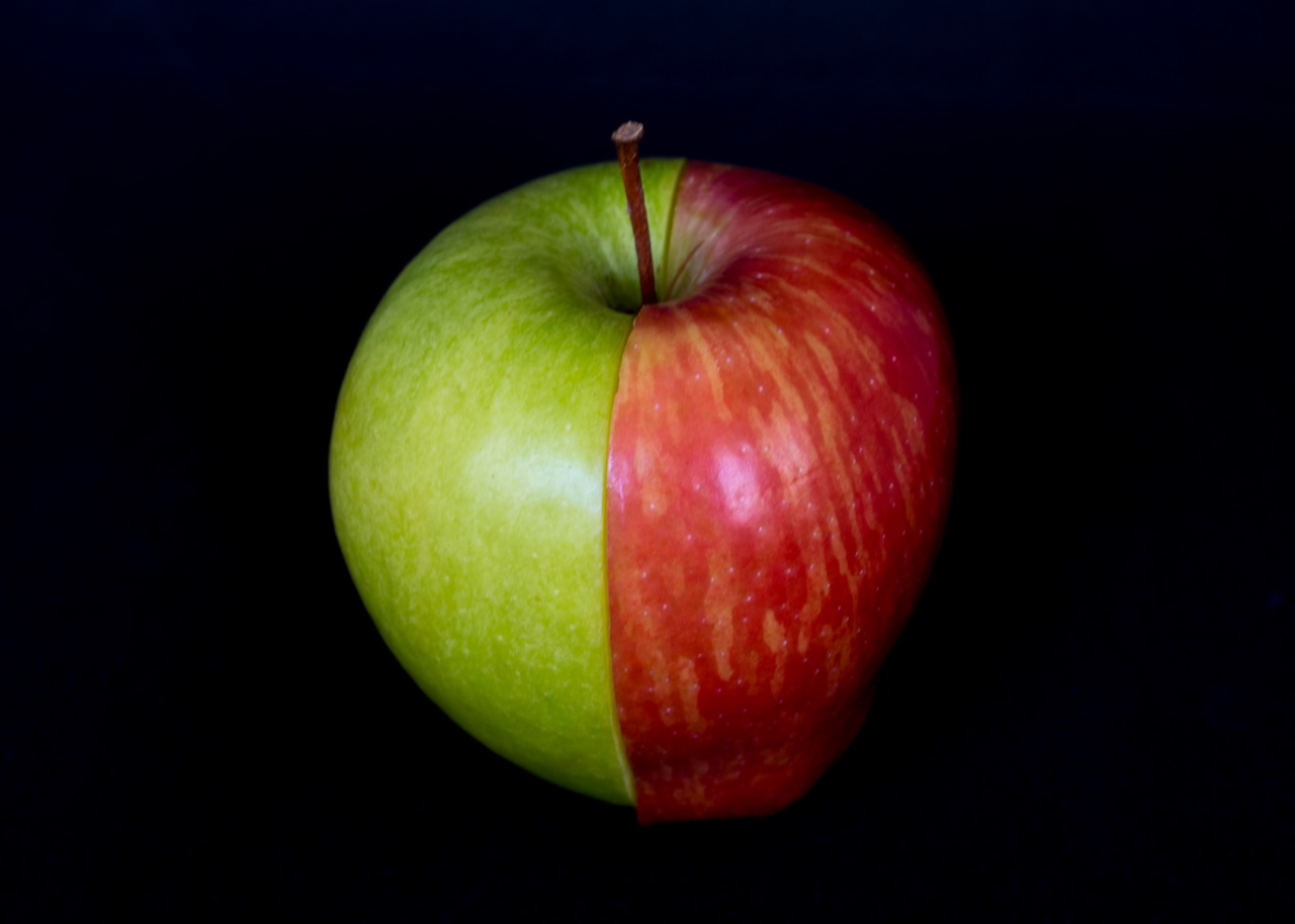 Half of a green apple attached to half of a red apple